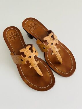 Tory Burch Tan Leather Logo Thong Sandals
